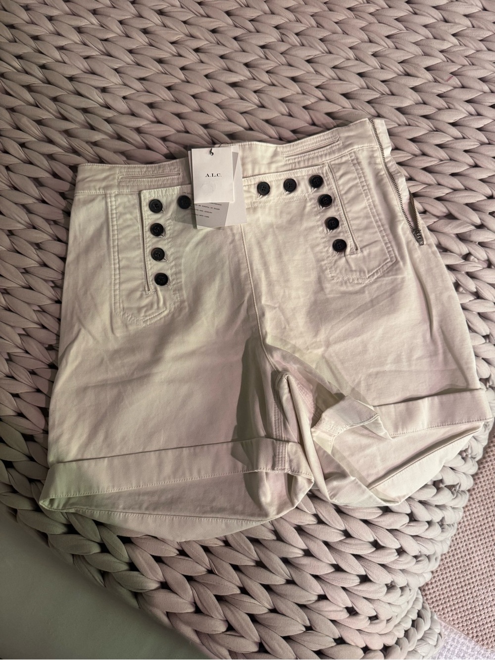 A.L.C. Cream High-Rise Jean Shorts with Black Button Trim